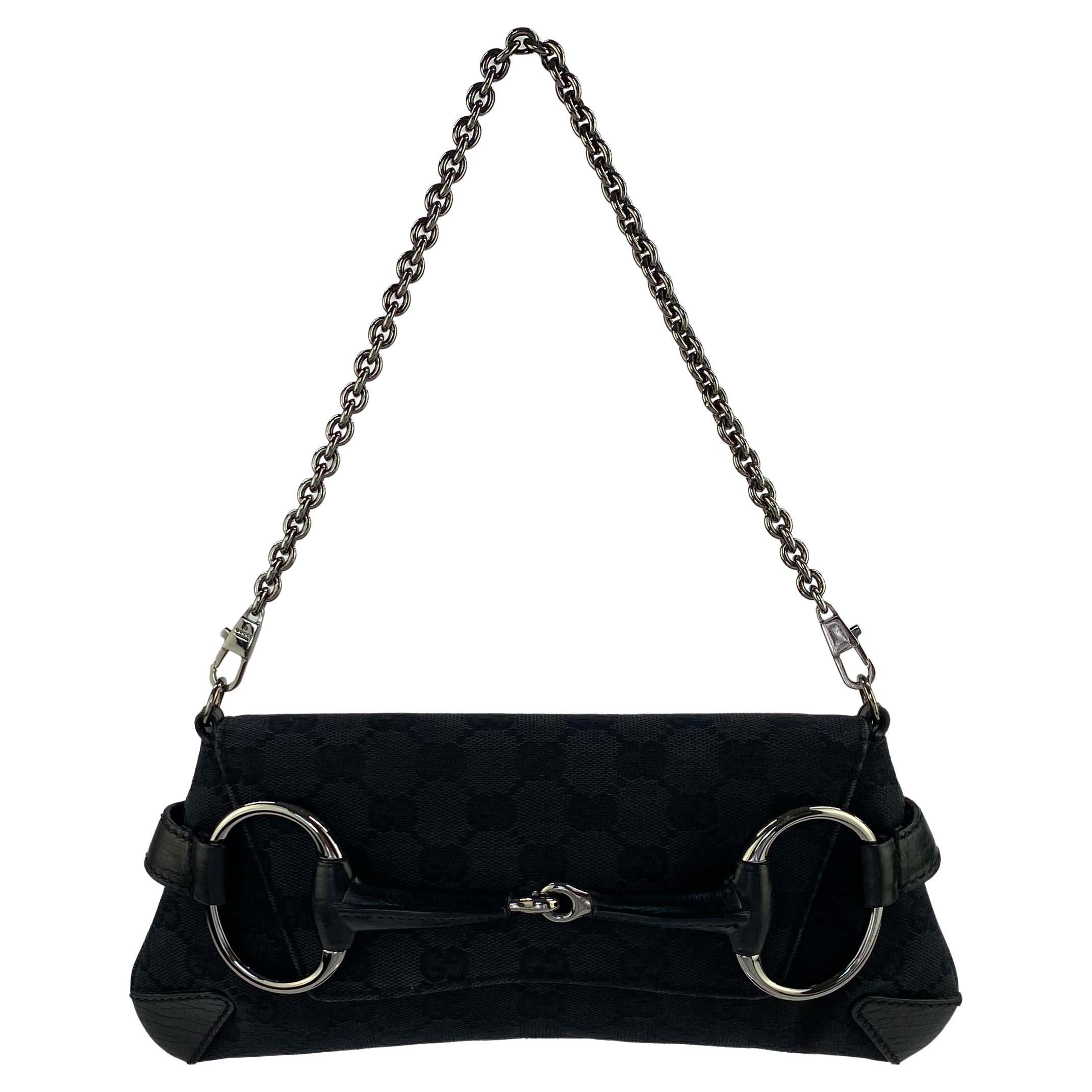 2000s Gucci by Tom Ford Black 'GG' Medium Horsebit Convertible Clutch