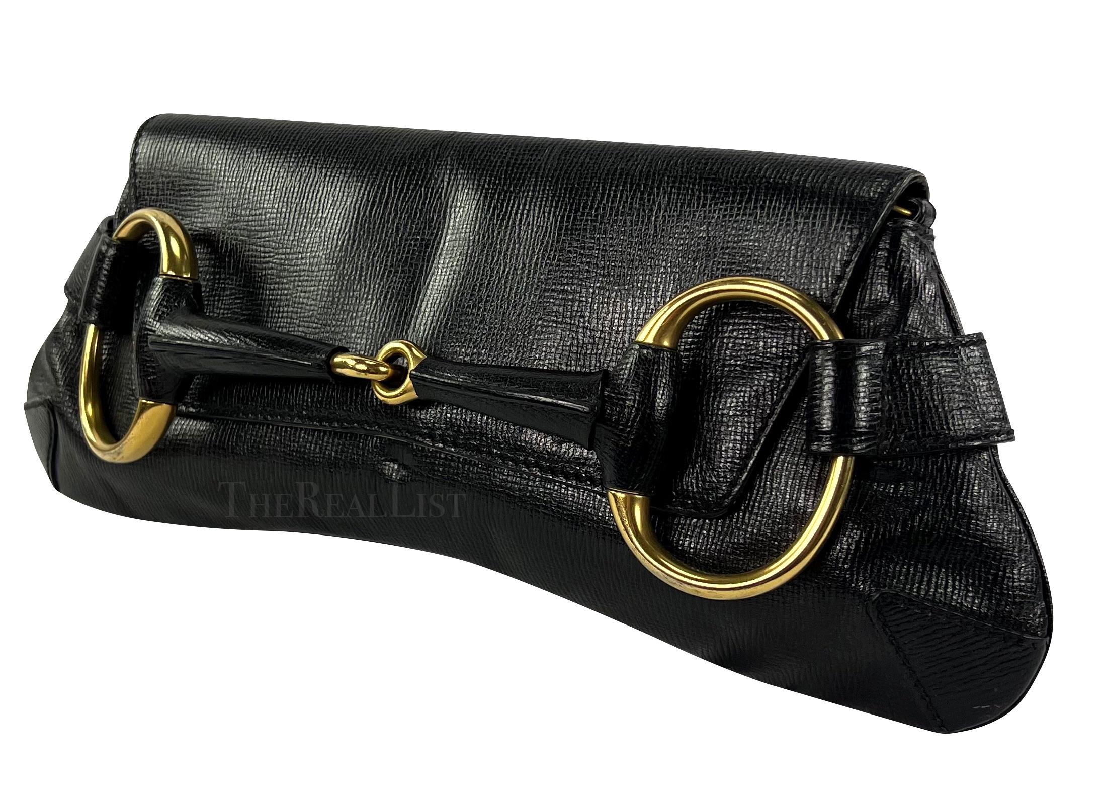 2000s Gucci by Tom Ford Black Leather Gold Hosebit XL Clutch 1