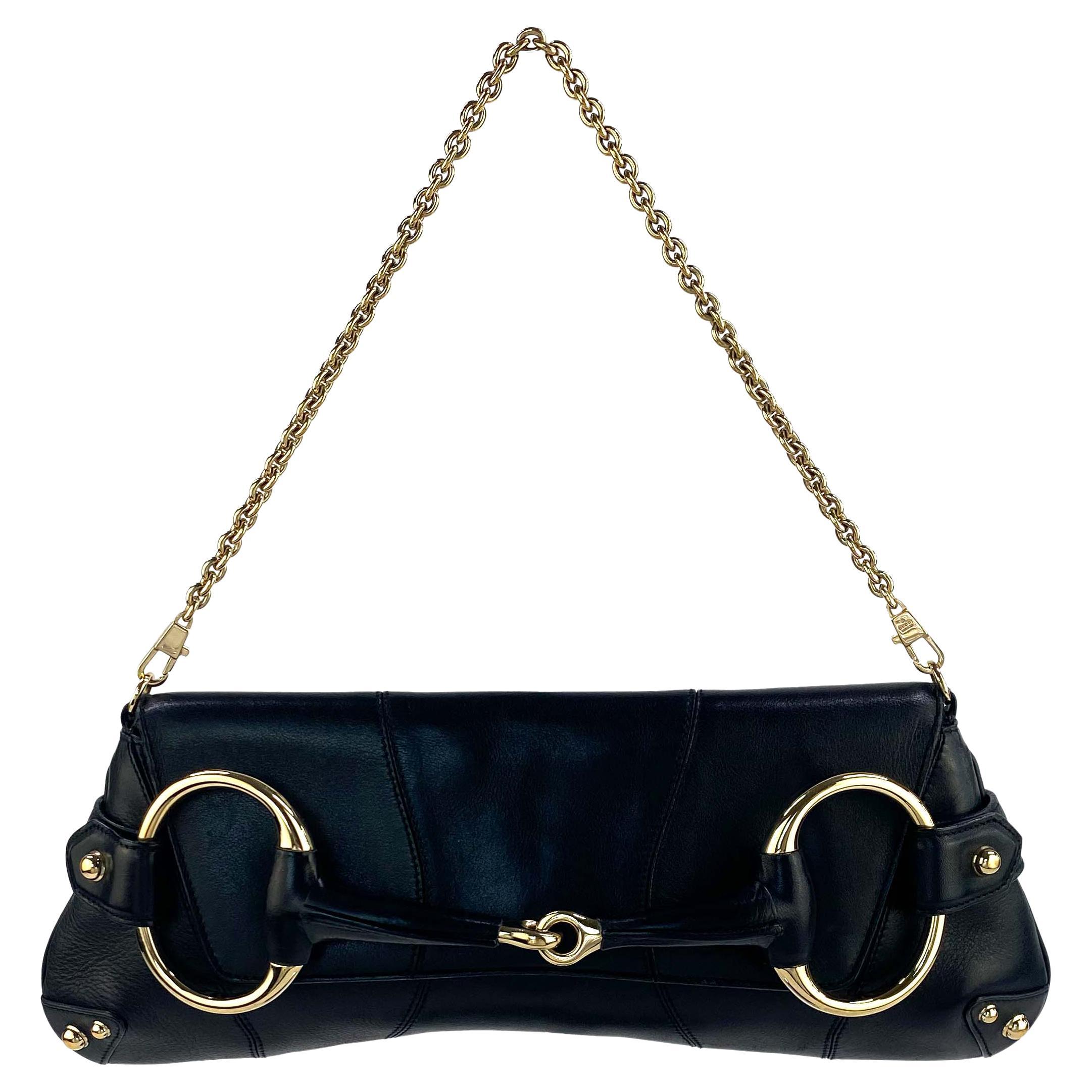 2000s Gucci by Tom Ford Black Leather Gold Large Horsebit Convertible Clutch
