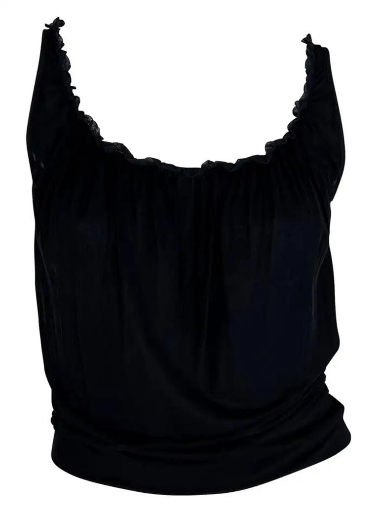 2000s Gucci by Tom Ford Camiseta de tirantes elástica negra con volantes