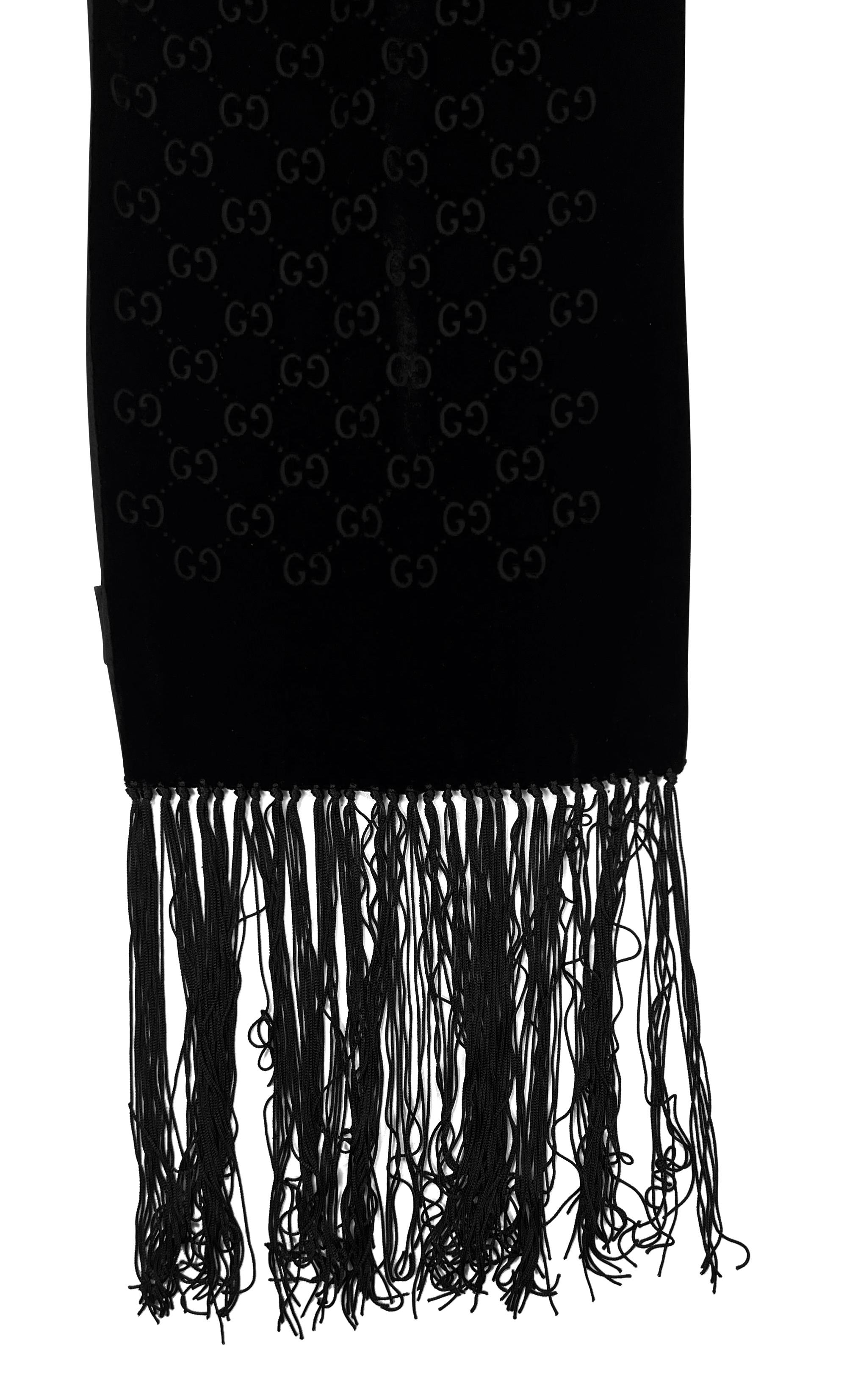 2000s Gucci by Tom Ford Black Velvet GG Devoré Fringe Rectangular Scarf In Excellent Condition For Sale In West Hollywood, CA