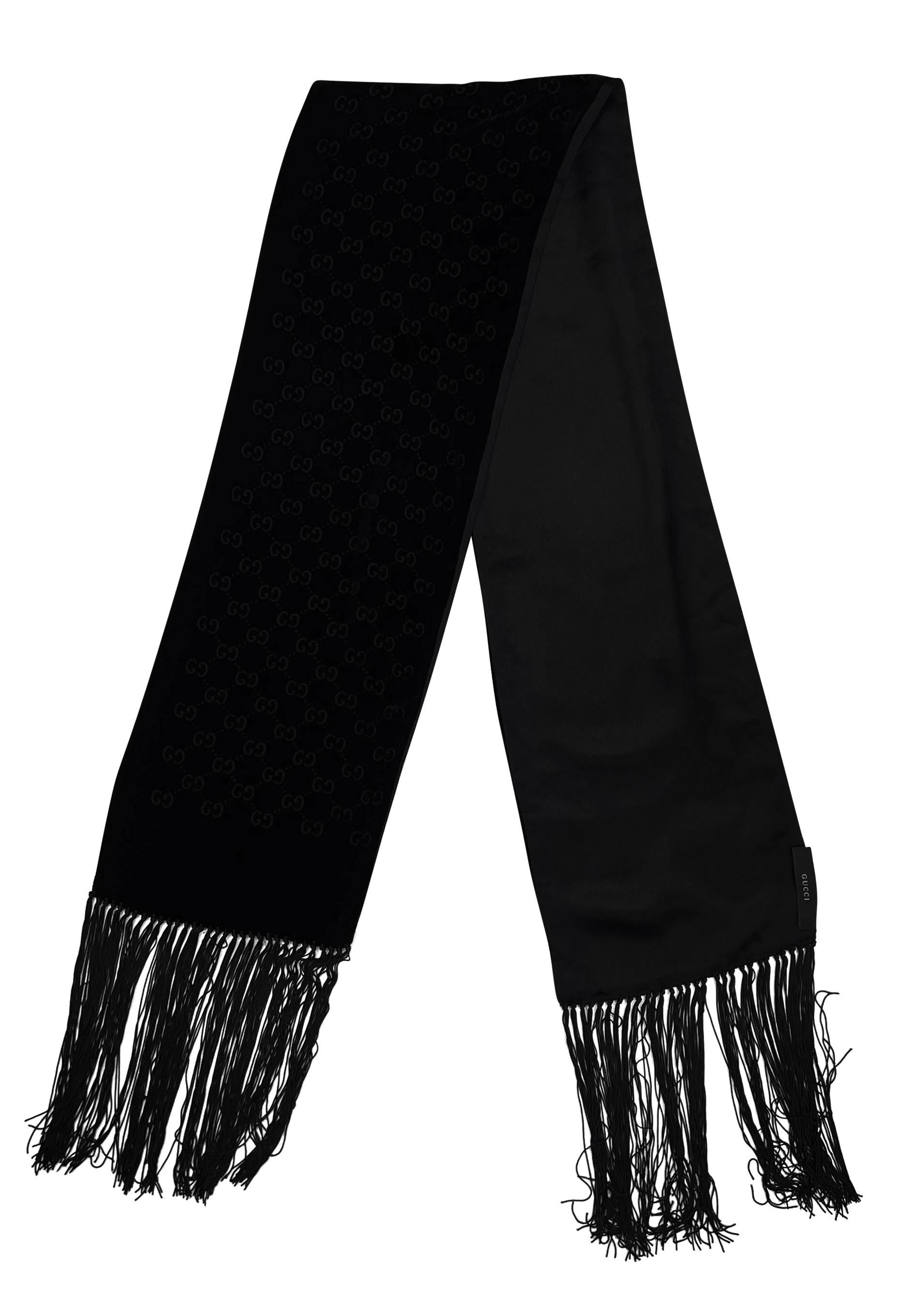 Women's or Men's 2000s Gucci by Tom Ford Black Velvet GG Devoré Fringe Rectangular Scarf For Sale