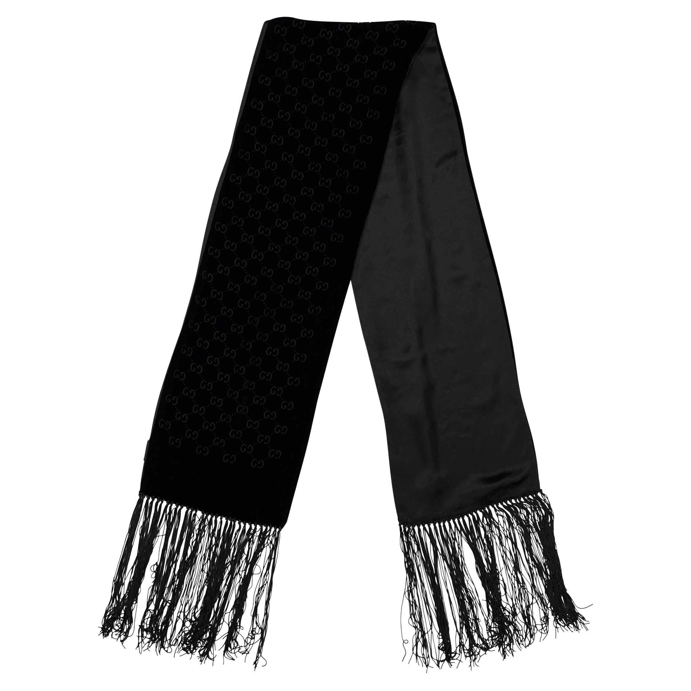 2000s Gucci by Tom Ford Black Velvet GG Devoré Fringe Rectangular Scarf For Sale