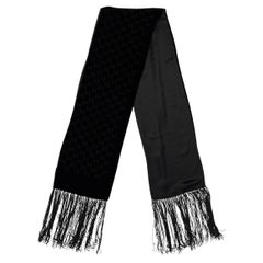 2000s Gucci by Tom Ford Black Velvet GG Devoré Fringe Rectangular Scarf
