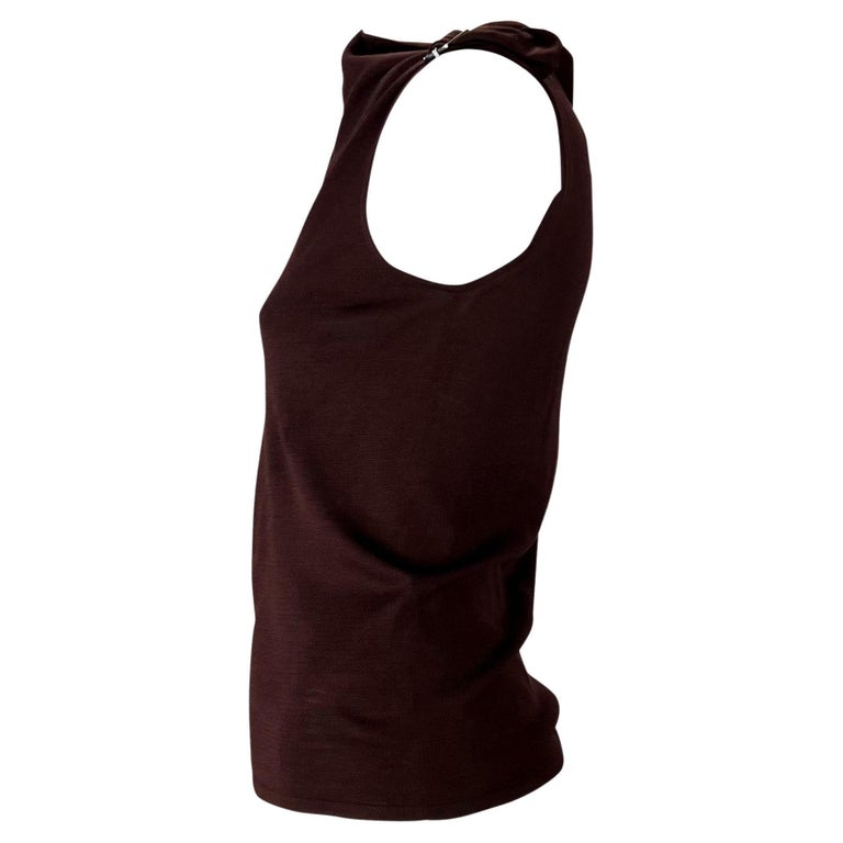 Black 2000s Gucci by Tom Ford Burgundy Stretch Knit Asymmetric Buckle Sleeveless Top For Sale