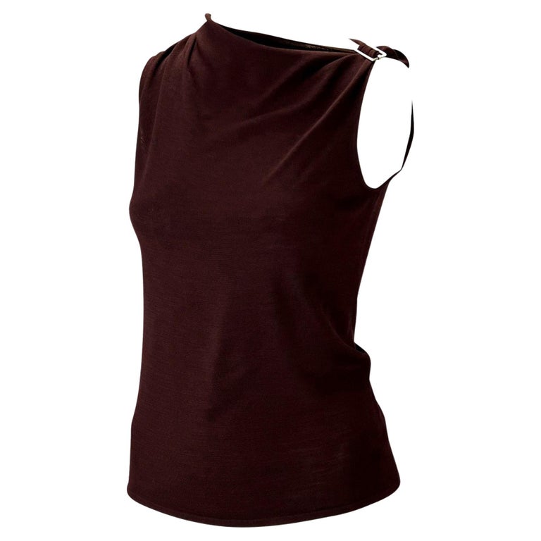 2000s Gucci by Tom Ford Burgundy Stretch Knit Asymmetric Buckle Sleeveless Top For Sale