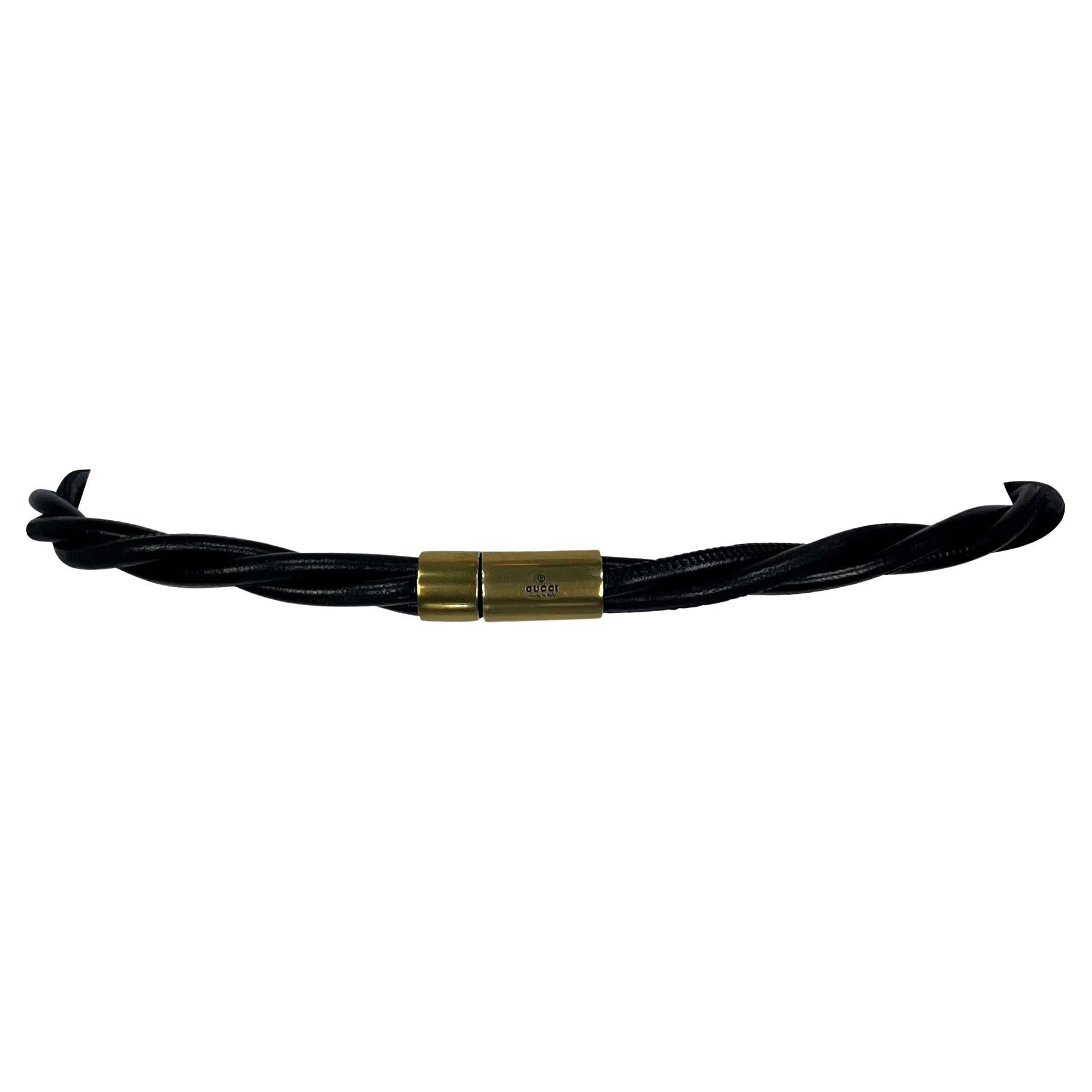 2000s Gucci by Tom Ford Gold Tone Twisted Black Leather Cord Waist Belt For Sale