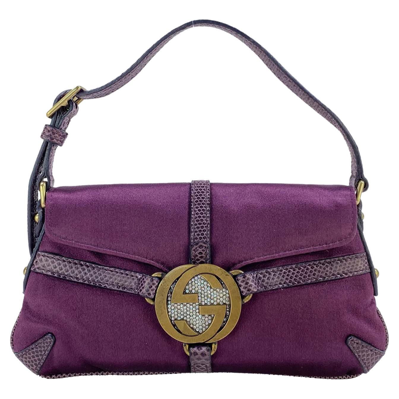 2000s Gucci by Tom Ford Mini Reins Purple Lizard Silk Satin Rhinestone Thong Bag