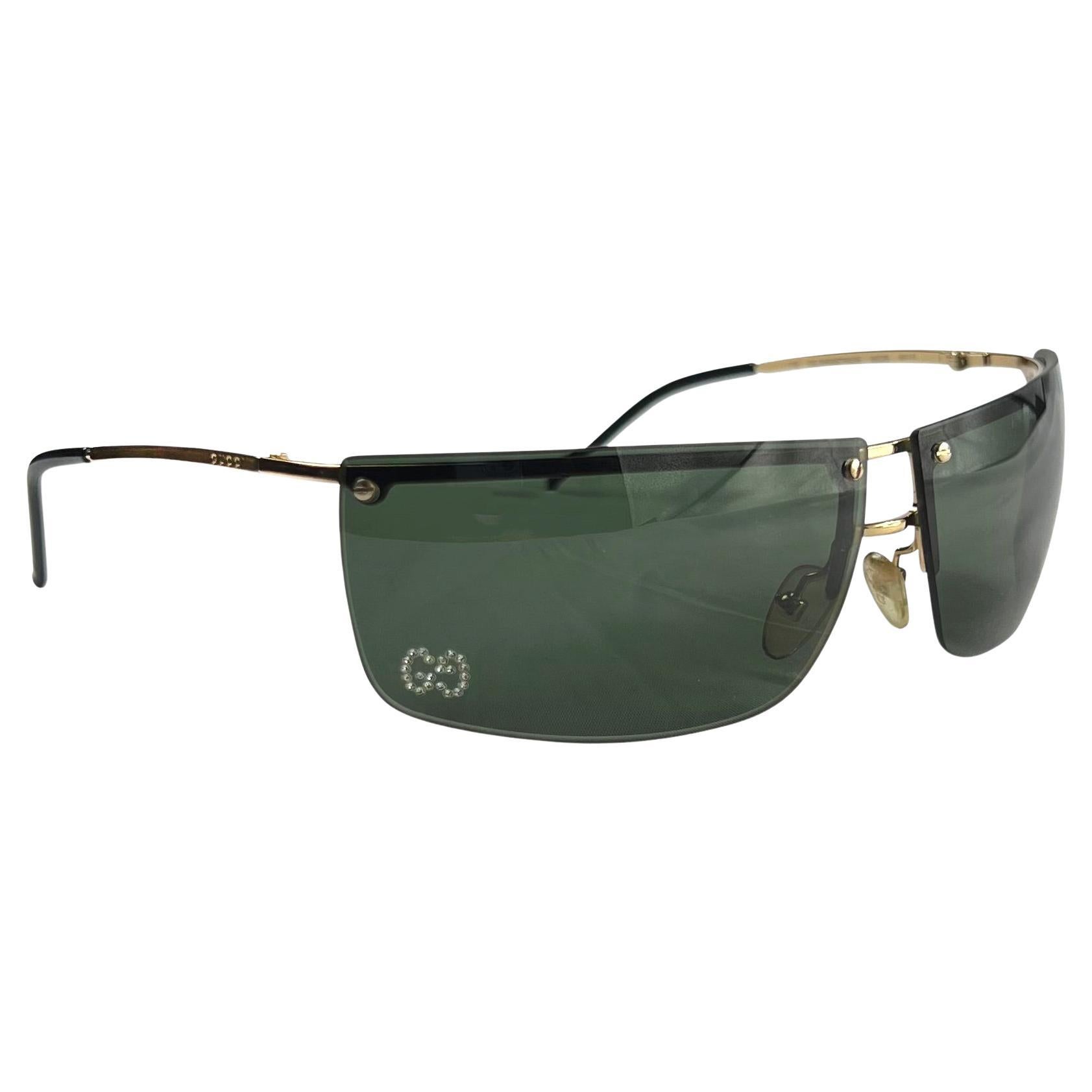 2000s Gucci by Tom Ford Rimless Gold Tone and Green GG Rhinestone Sunglasses Y2K For Sale