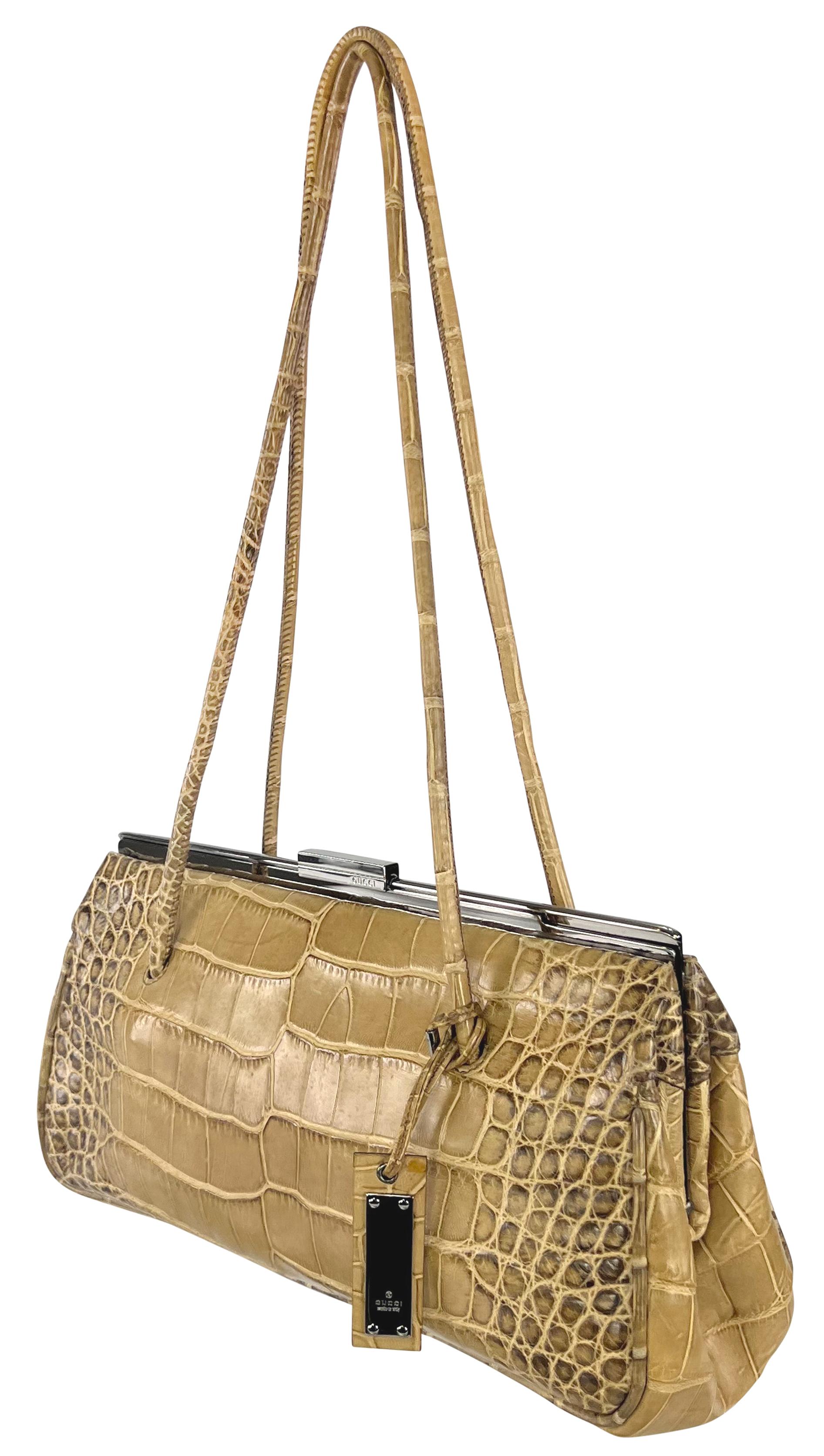 Brown 2000s Gucci by Tom Ford Tan Genuine Crocodile Skin Sliding Lock Shoulder Bag For Sale