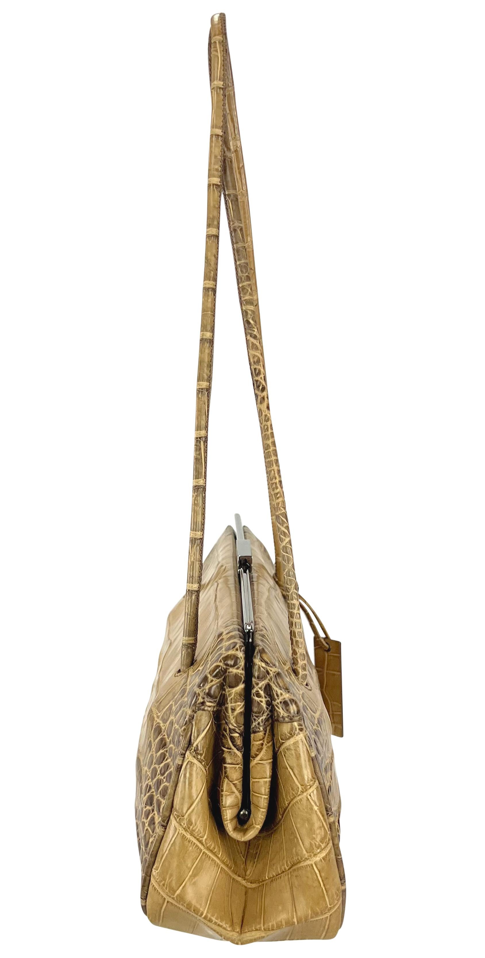 2000s Gucci by Tom Ford Tan Genuine Crocodile Skin Sliding Lock Shoulder Bag For Sale 1