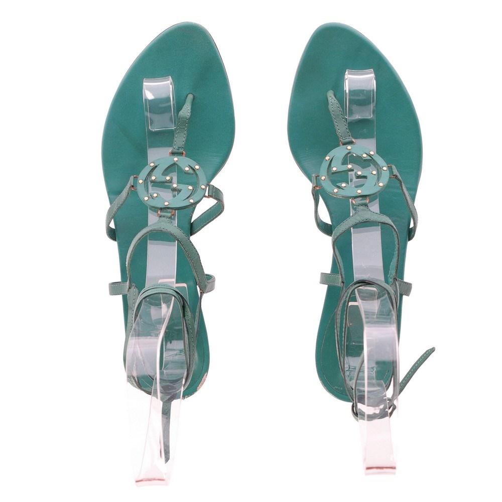 2000s Gucci emerald green leather logoed sandals 1