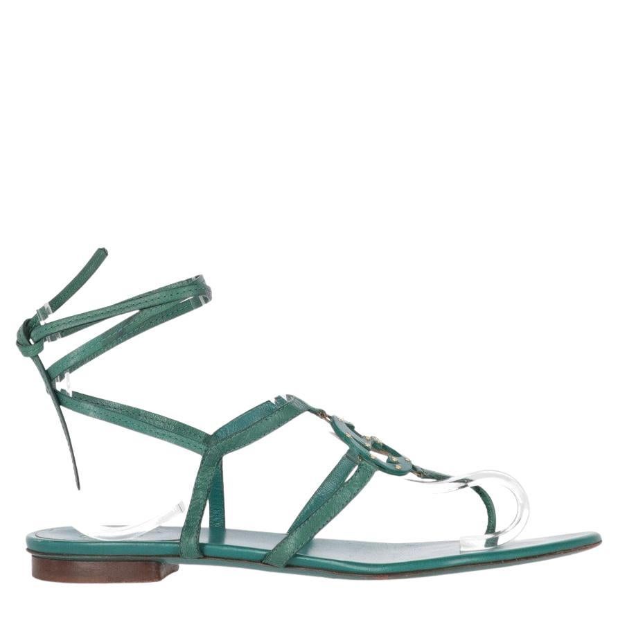 2000s Gucci emerald green leather logoed sandals