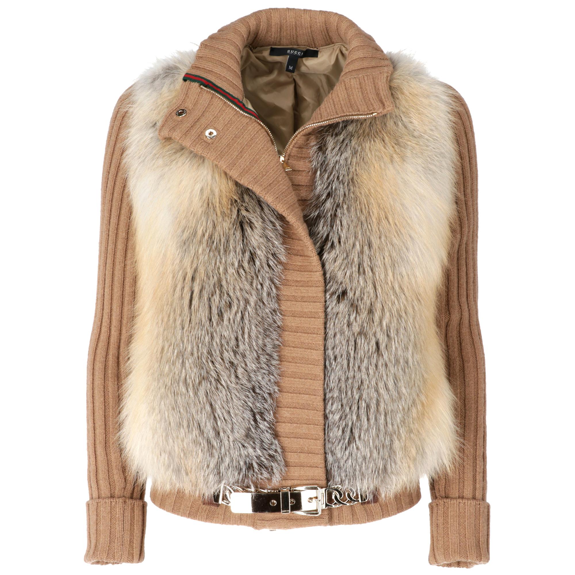 2000s Gucci Fox Fur And Wool Beige Caridgan