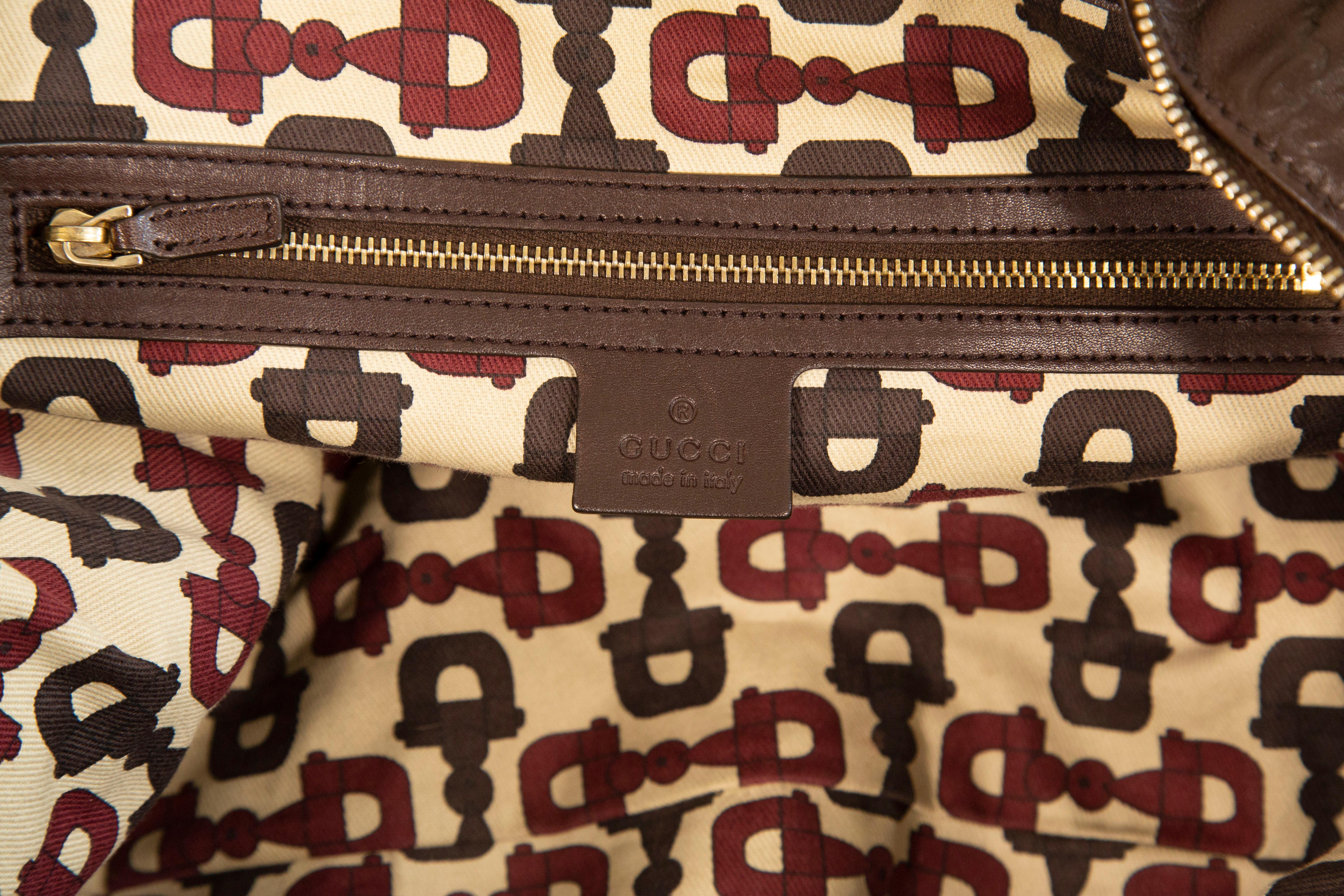2000s Gucci GG Embossed Brown Leather Hysteria Handbag For Sale 6