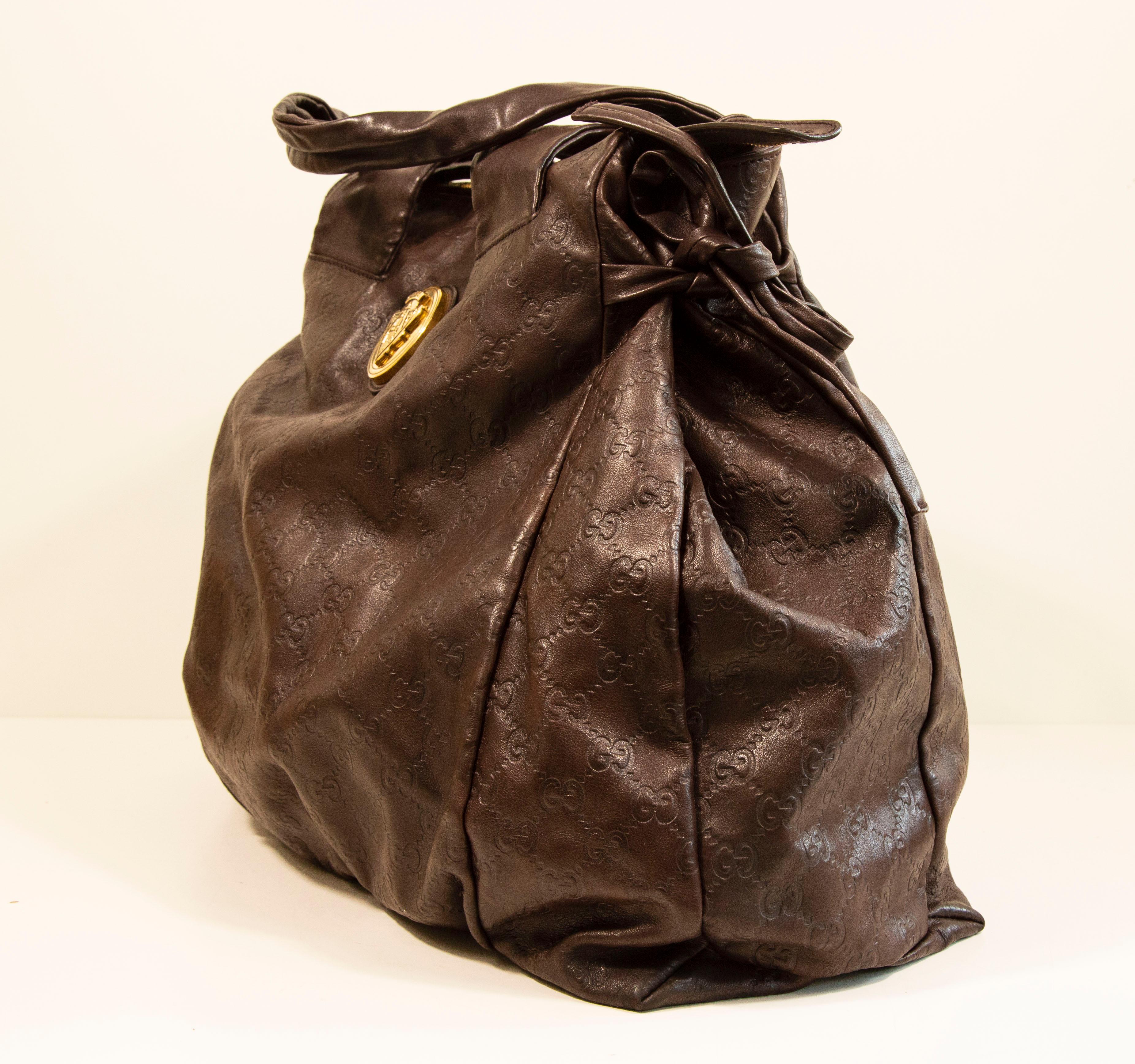 2000s Gucci GG Embossed Brown Leather Hysteria Handbag For Sale 1