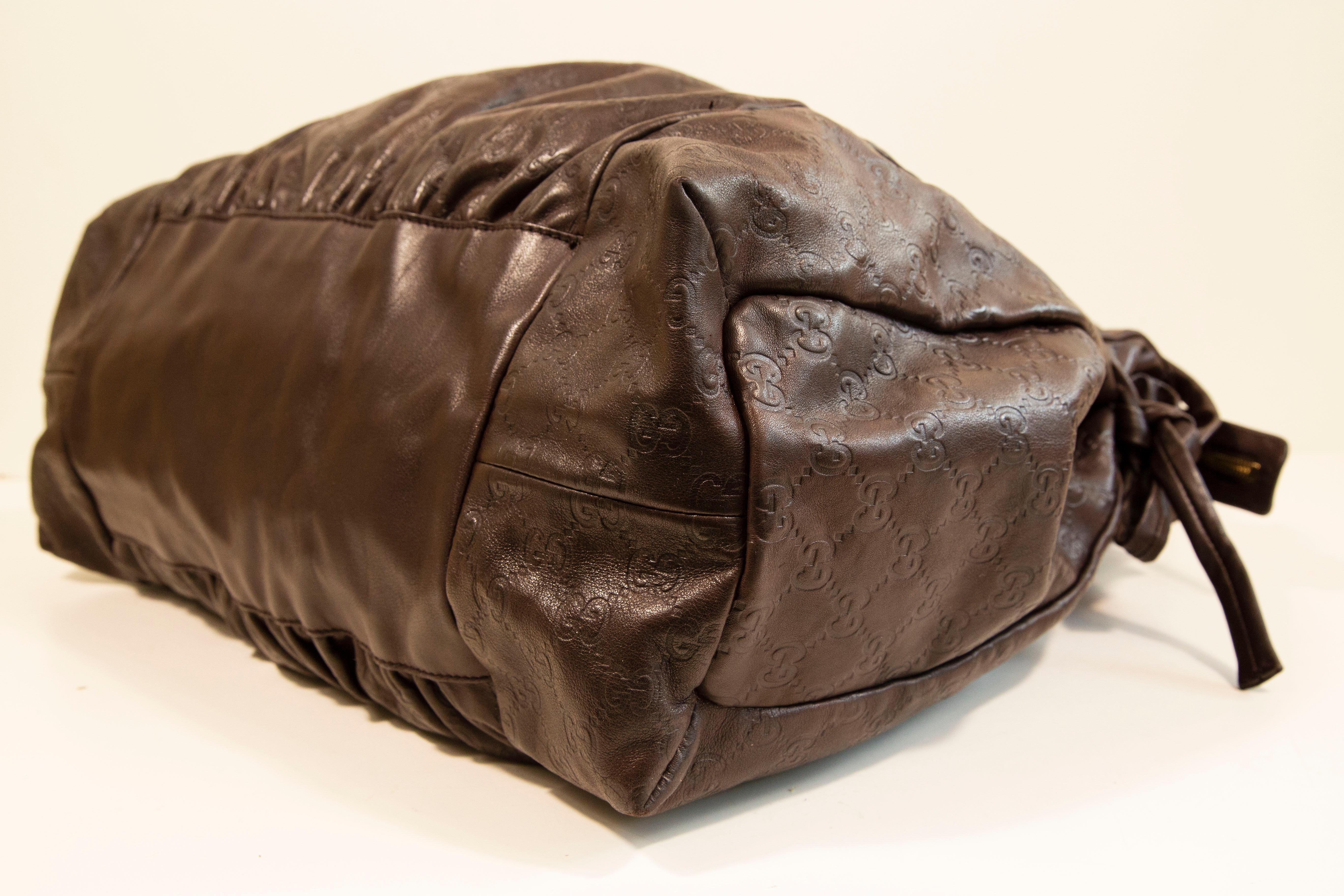 2000s Gucci GG Embossed Brown Leather Hysteria Handbag For Sale 3