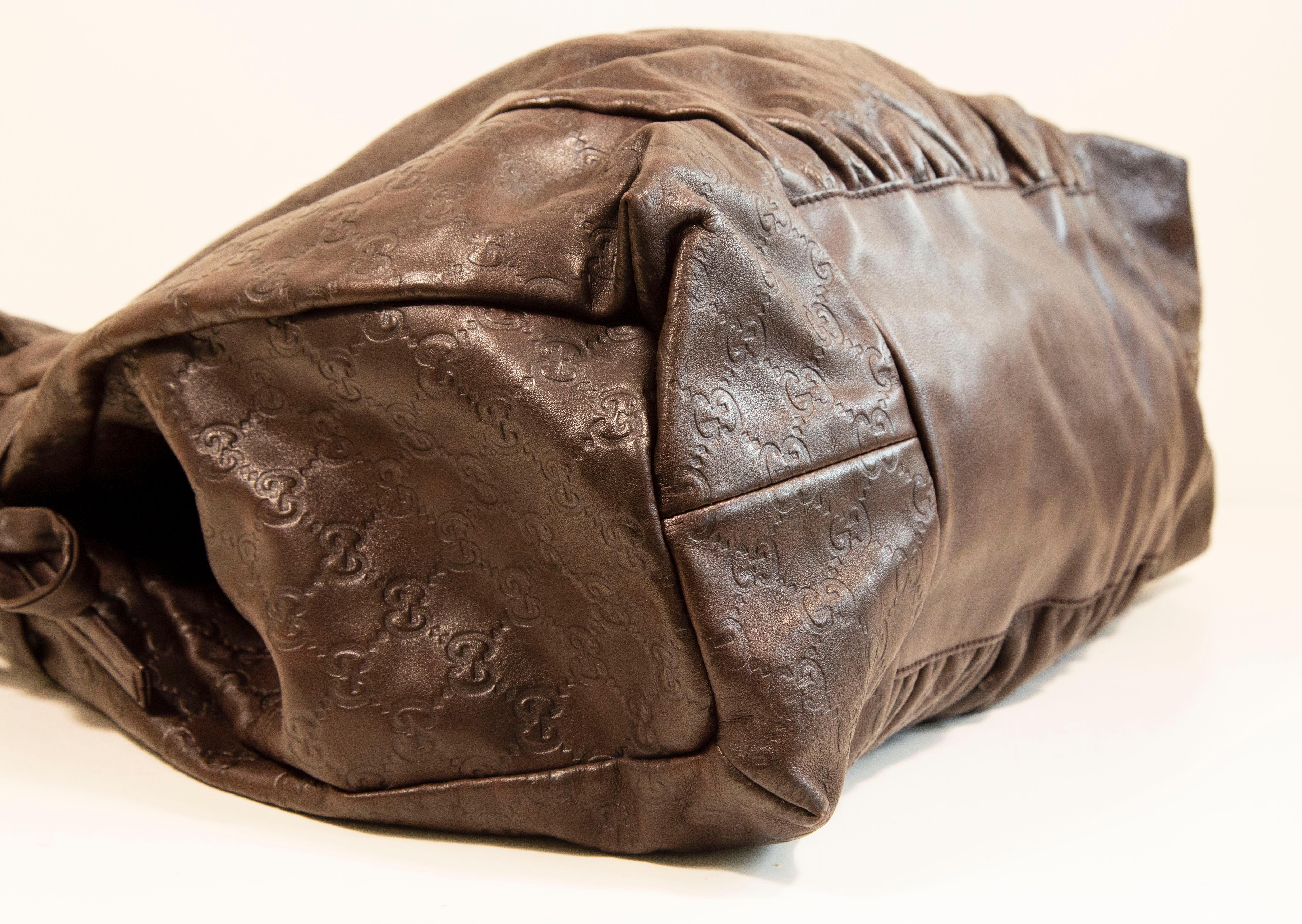 2000s Gucci GG Embossed Brown Leather Hysteria Handbag For Sale 4