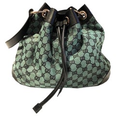 2000s GUCCI Grüner Stoff und Leder Monogramm Bucket Bag
