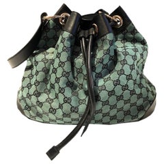 2000s GUCCI Green Cloth And Leather Monogram Bucket Bag 