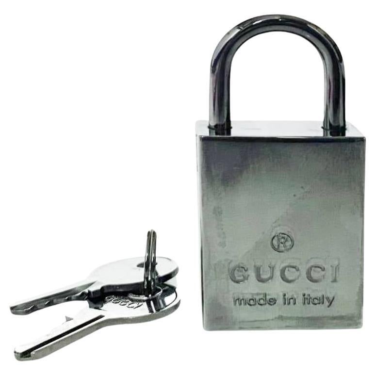 2000s Gucci Gun Metal Stainless Steel Luggage Padlock with Key Set