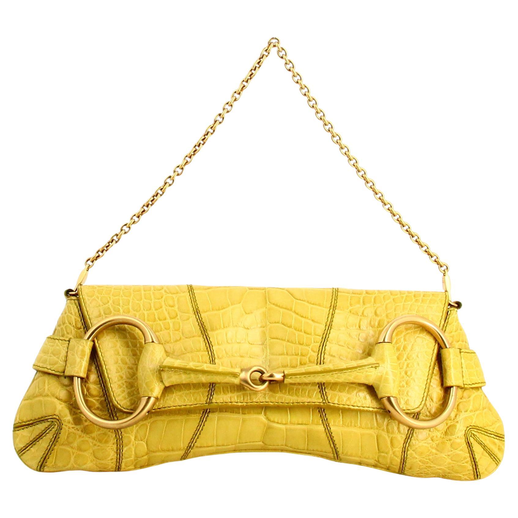 2000's Gucci Horsebit Chain Crocodile Shoulder Bag Yellow  For Sale