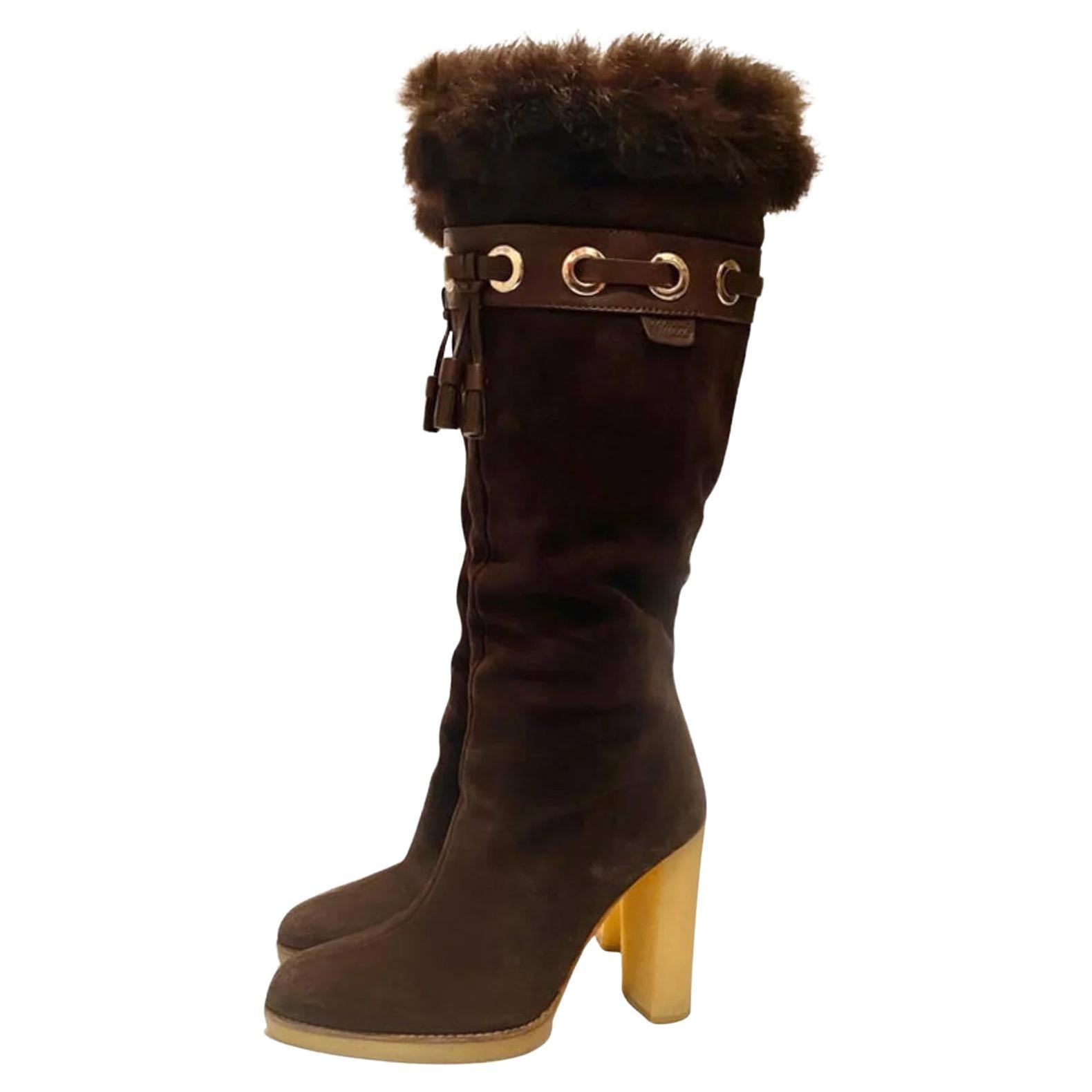 2000s Gucci Knee Tassel Brown Suede Heel Boots