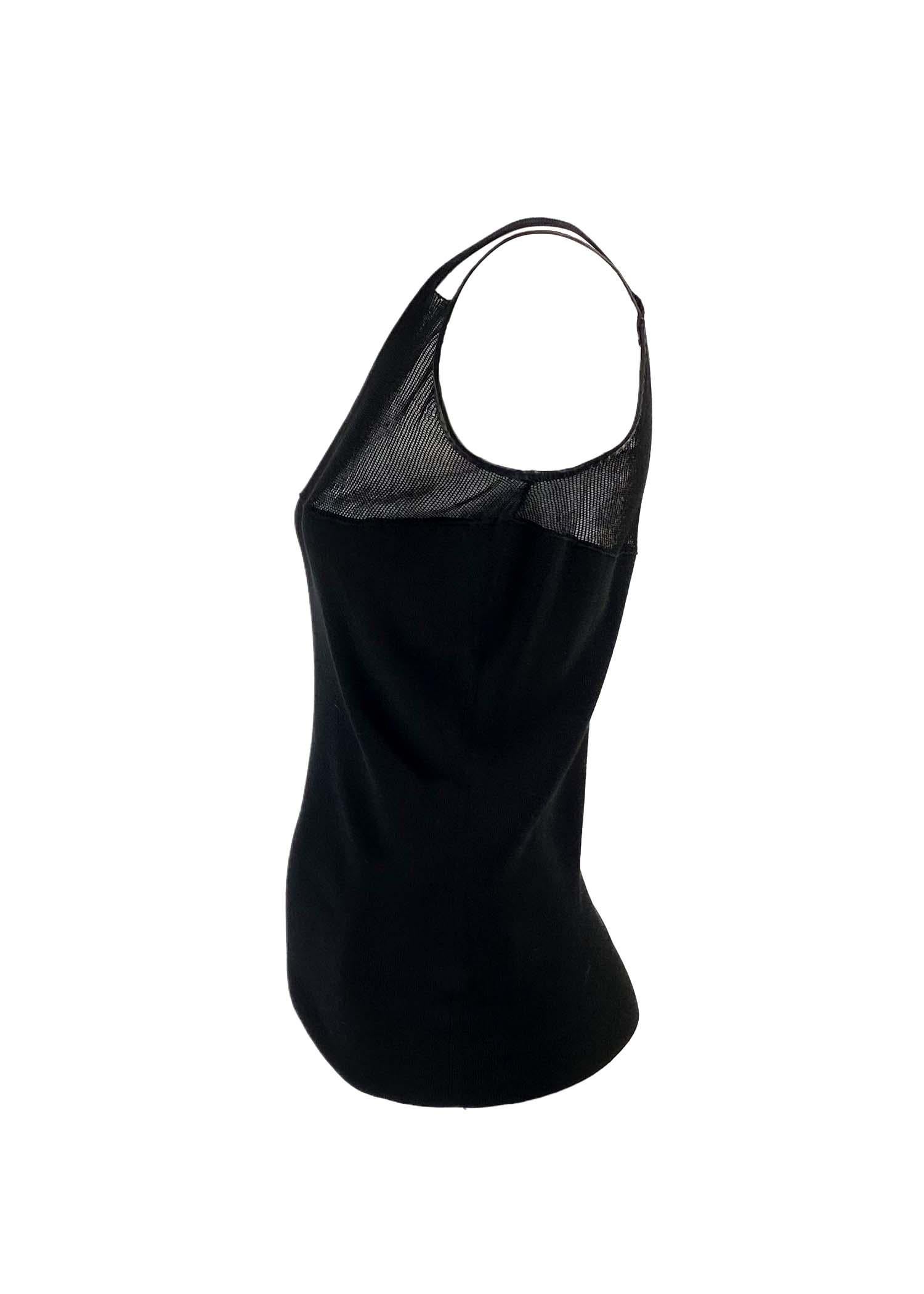 Presenting a mesh Gucci tank top. This unique tank top features an asymmetrical design with leather straps and a mesh accent. Not your average tank top, this shirt was produced by Gucci in the early 2000s and is the perfect chic elevation to the