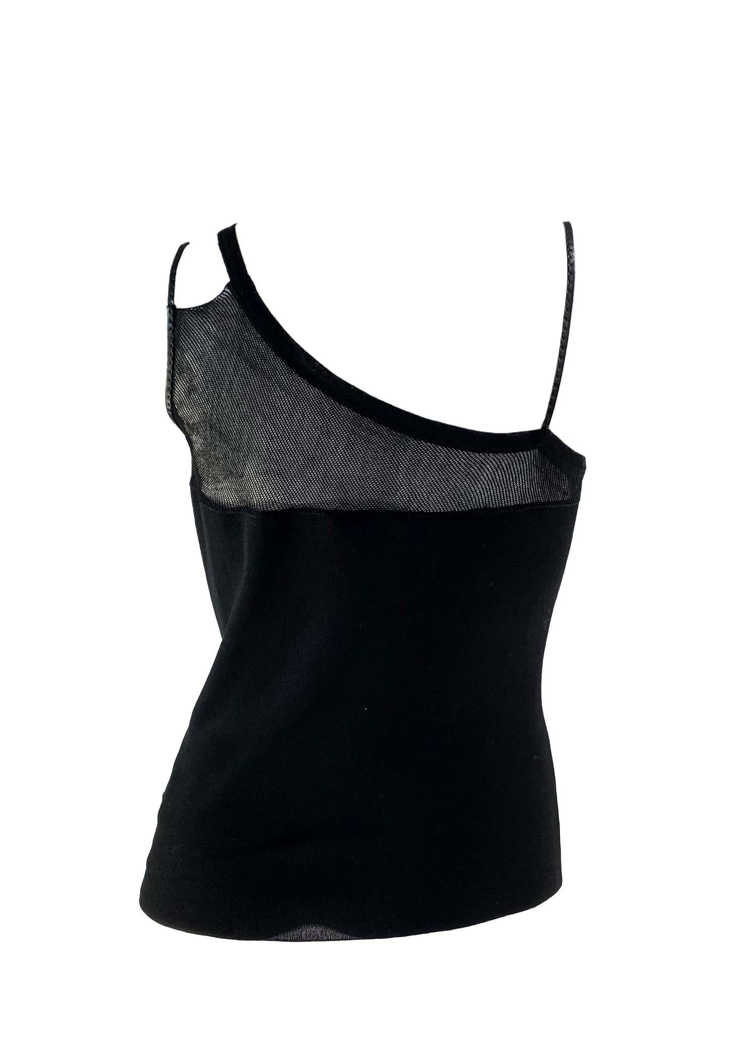 Black 2000s Gucci Mesh Leather Strap Asymmetric Tank Top For Sale