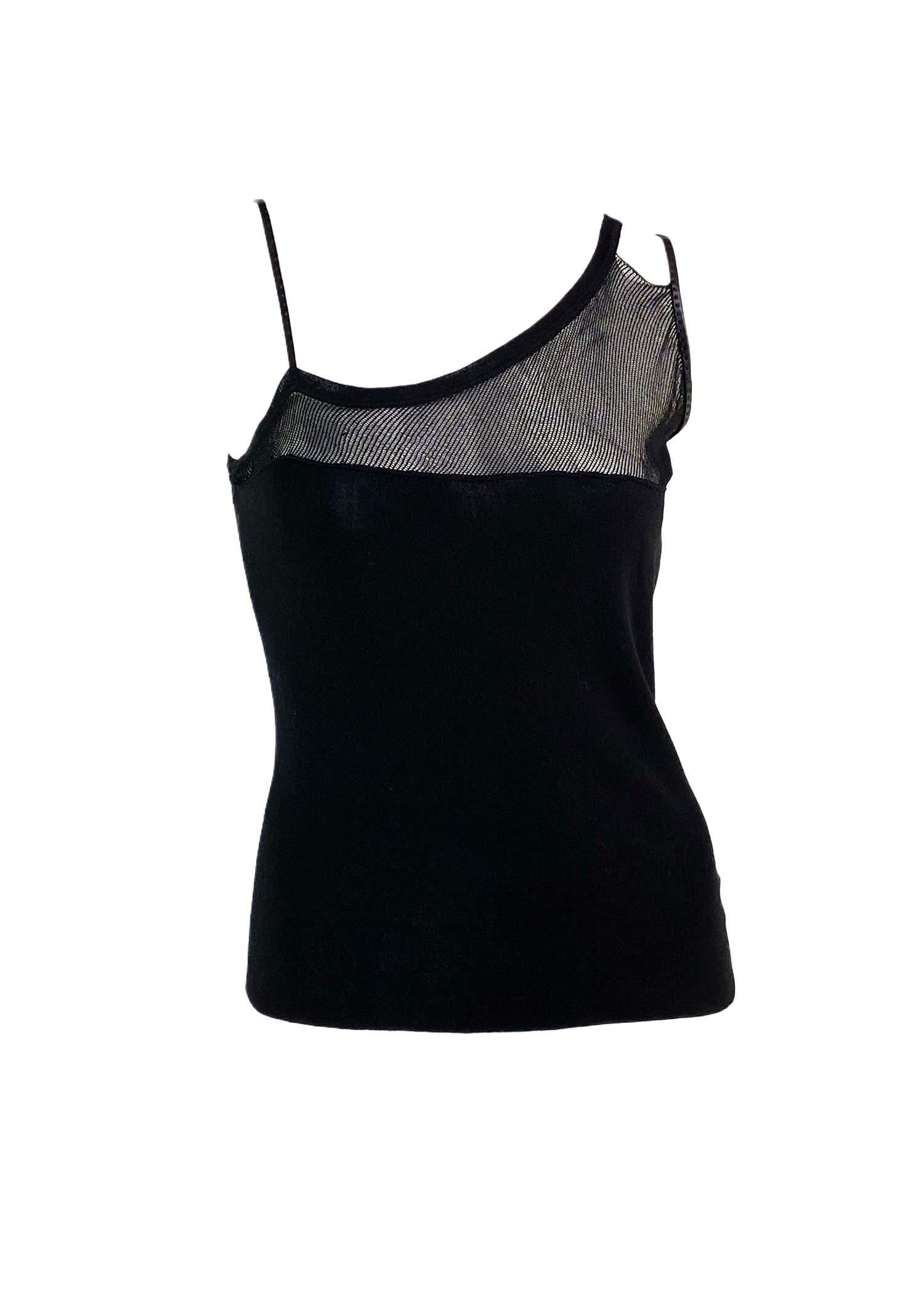 Women's 2000s Gucci Mesh Leather Strap Asymmetric Tank Top For Sale