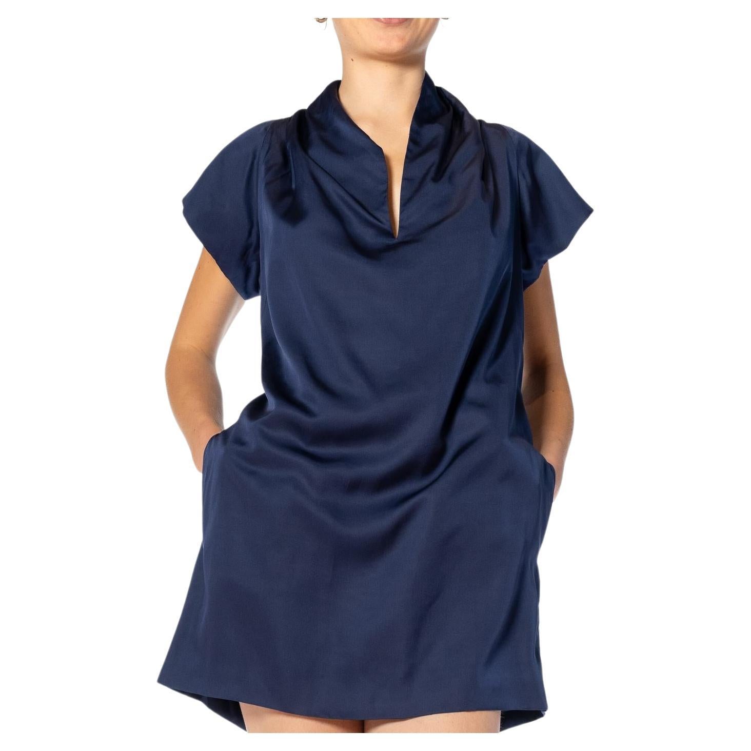 2000S GUCCI Midnight Blue Silk Satin Mini Dress With Cape & Pockets For Sale