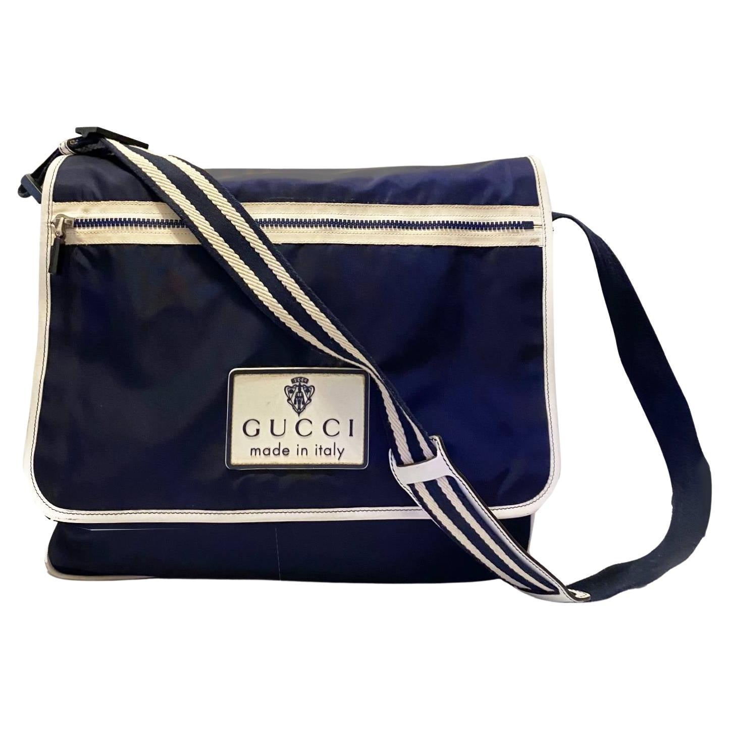 2000s Gucci Navy Blue Canvas Nylon Crossbody Messenger Travel Bag