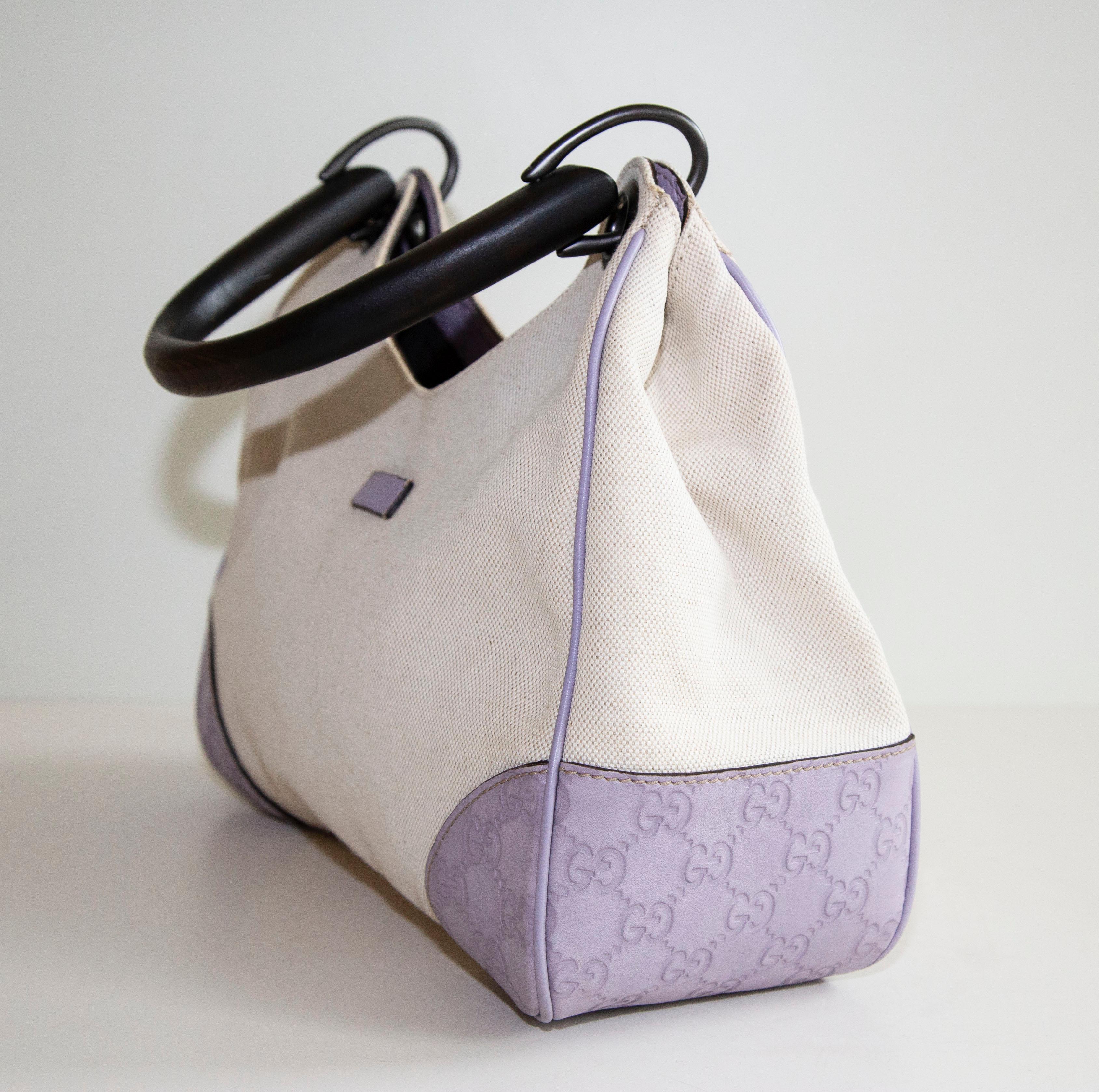 Beige 2000s Gucci Shima Canvas and Leather Top Handle Bag For Sale