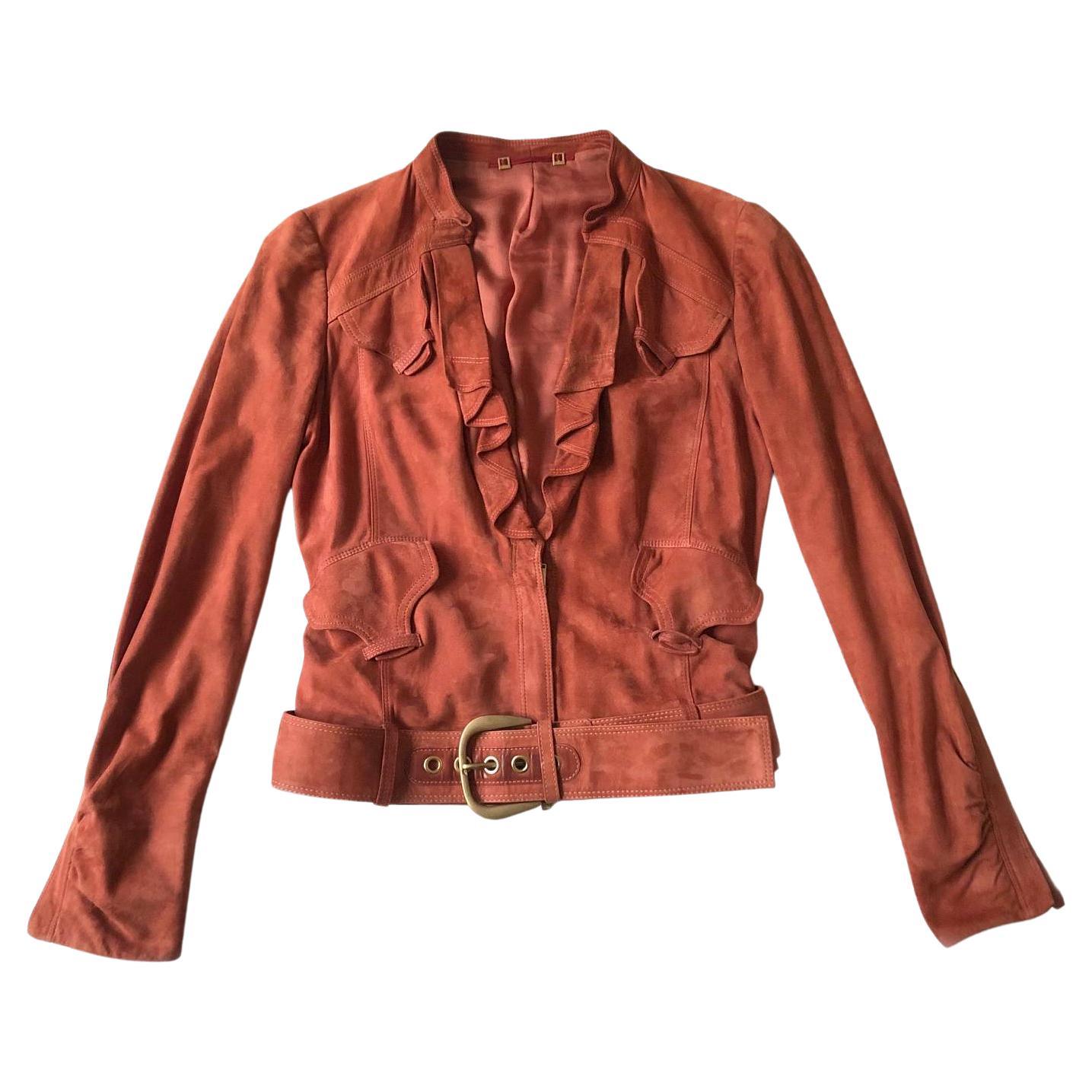 2000s Gucci Terracotta Orange Suede Biker Jacket 