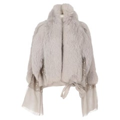 2000s Gucci Vintage light grey sheer silk and tone-on-tone fox fur jacket