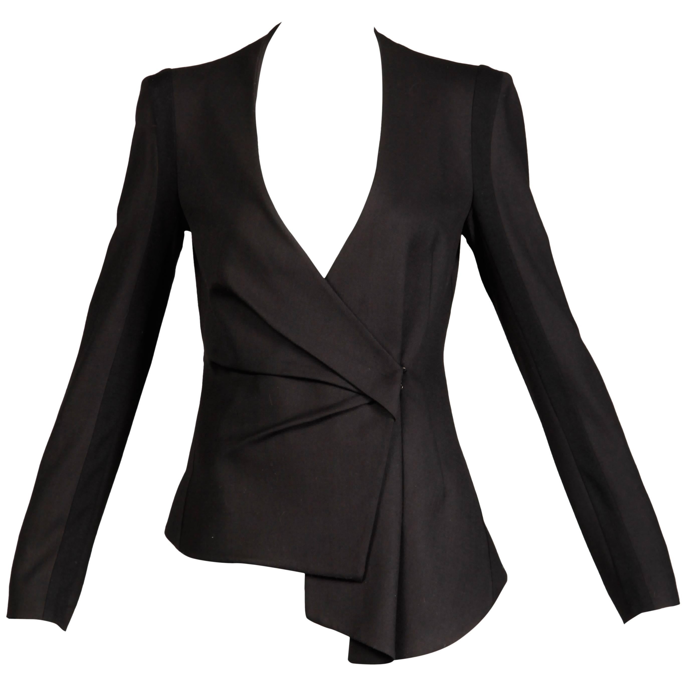 2000s Helmut Lang Black Wool + Silk Asymmetric Avant Garde Blazer Jacket