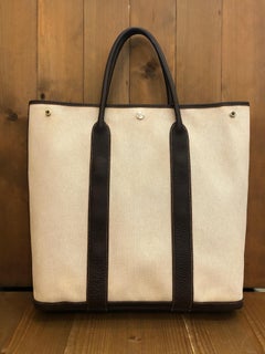 2000s Hermes Natural Linen Ebene Buffalo Leather Garden Party Vertical Tote Bag