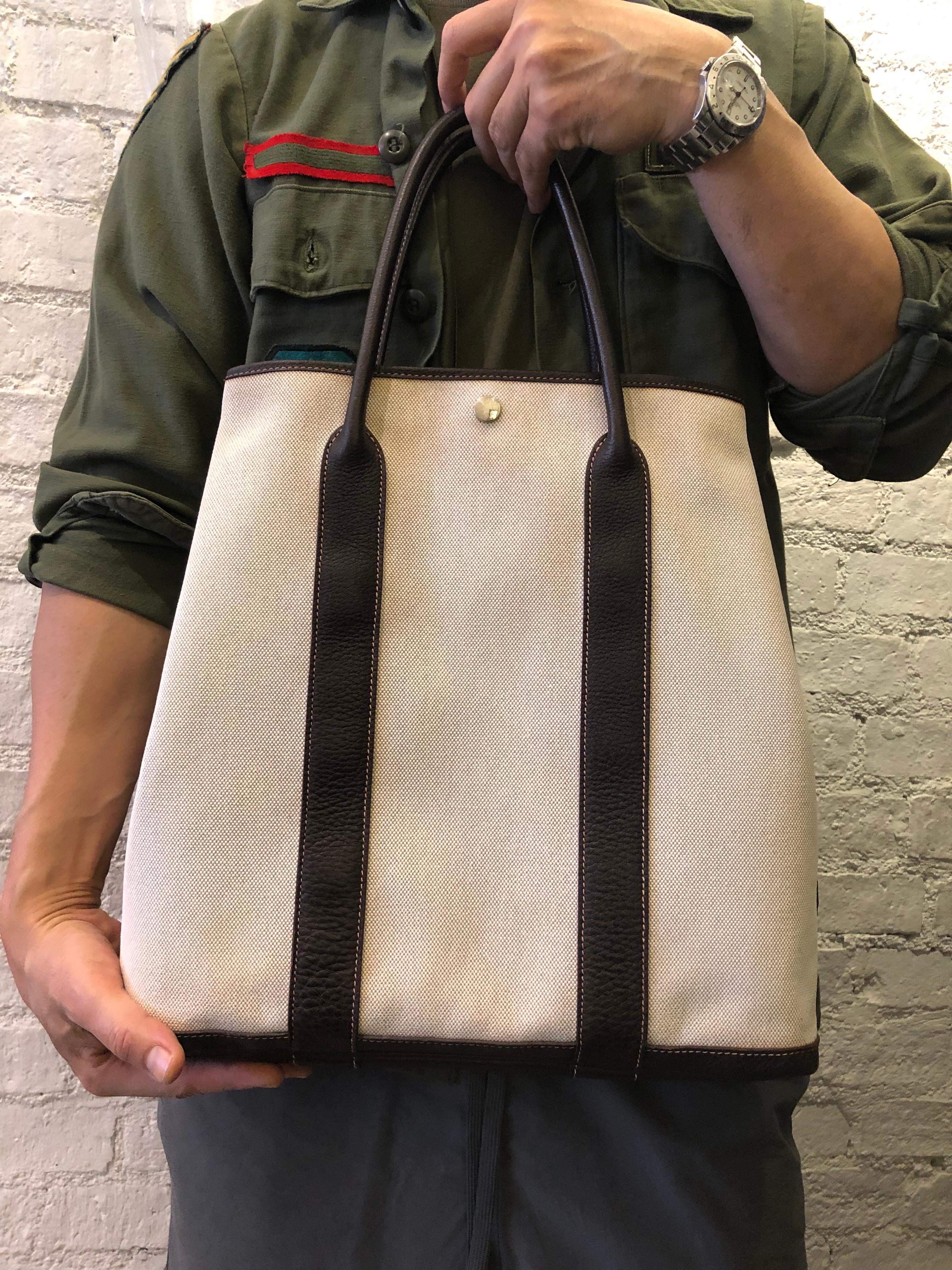 Beige 2000s Hermes Natural Linen Ebene Buffalo Leather Garden Party Vertical Tote Bag