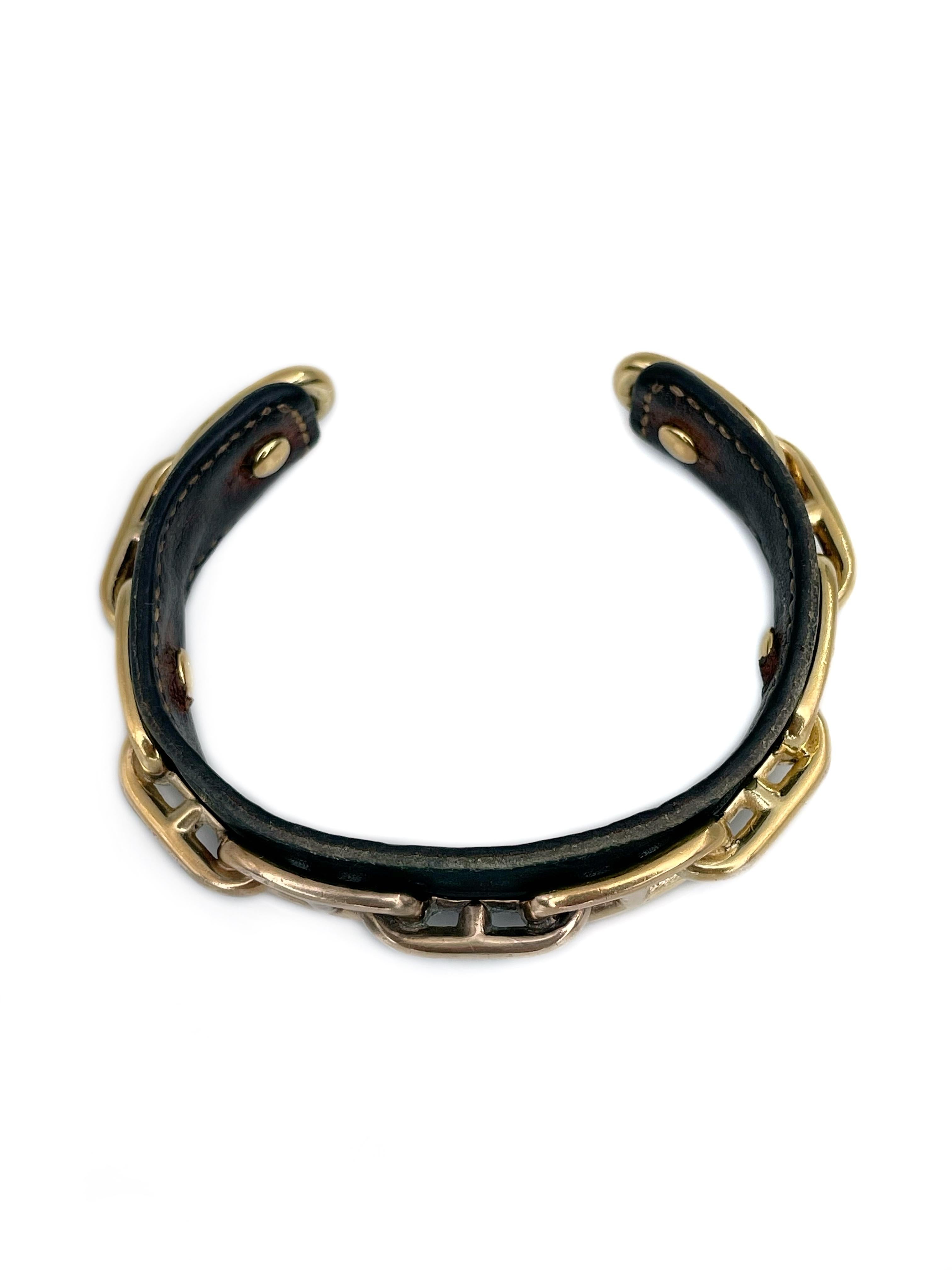 2000er Hermès Paris Goldton Chaine D'Ancre Leder Manschettenarmband im Zustand „Gut“ in Vilnius, Vilniaus apskr.