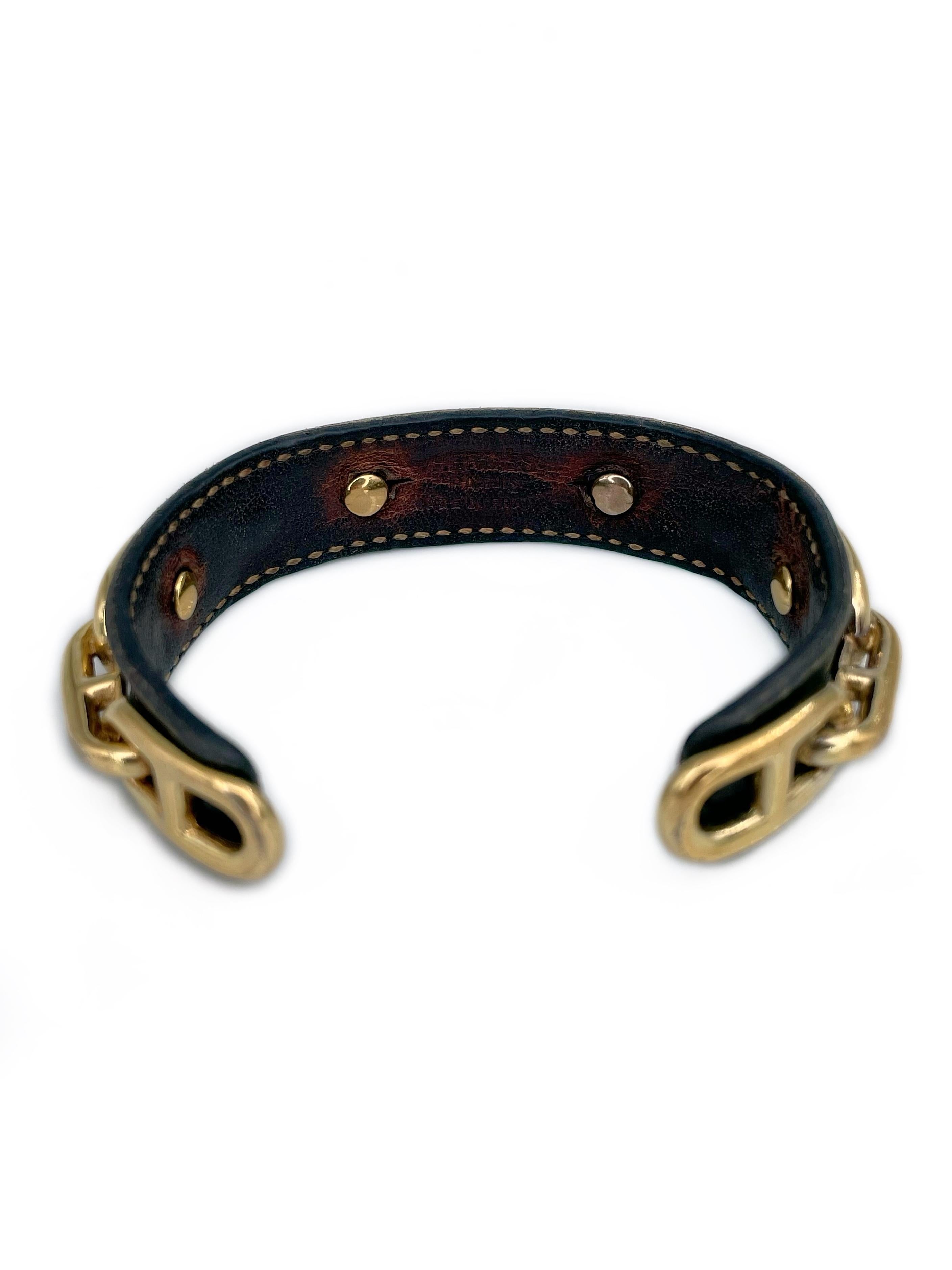 2000er Hermès Paris Goldton Chaine D'Ancre Leder Manschettenarmband für Damen oder Herren