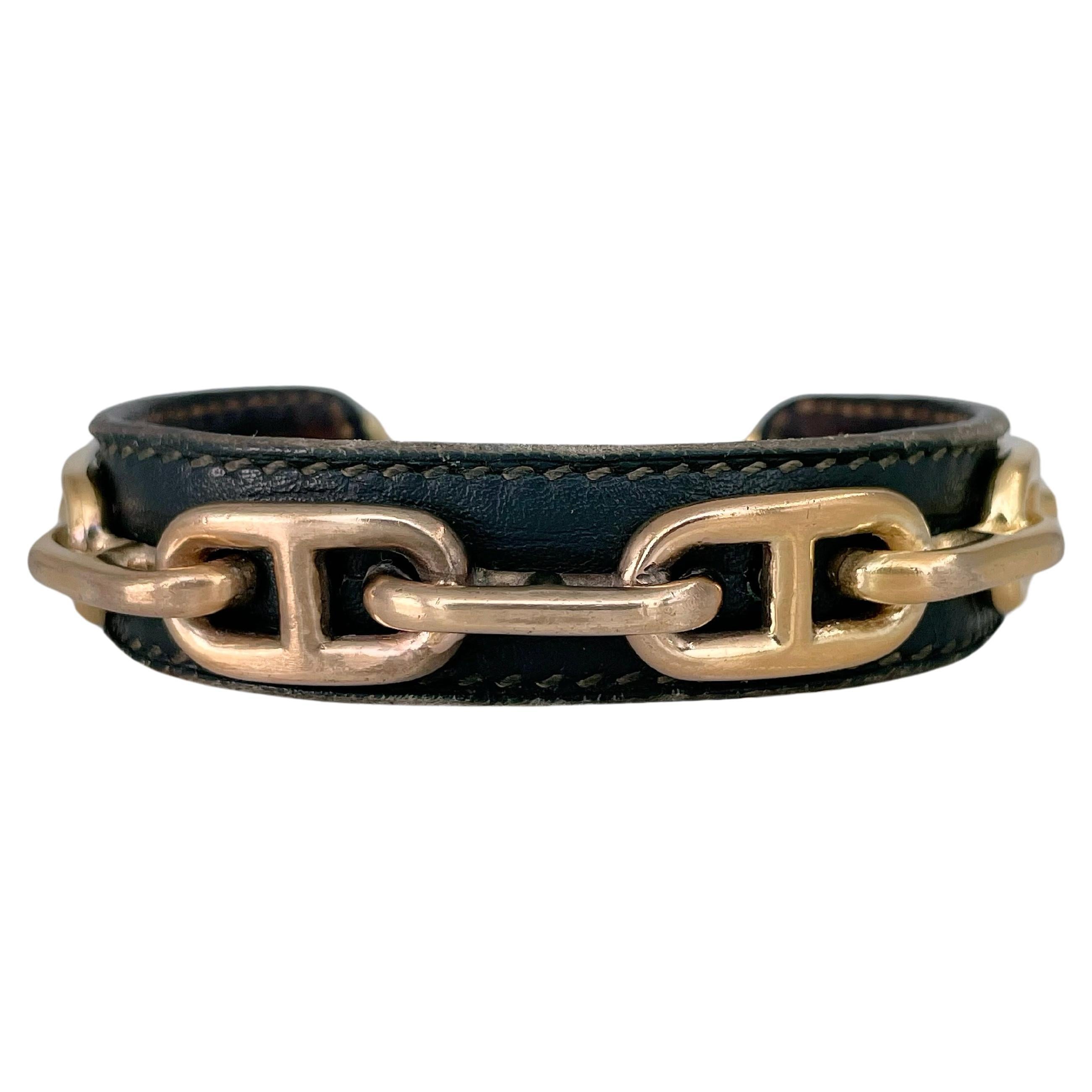 2000s Hermès Paris Gold Tone Chaine D'Ancre Leather Cuff Bracelet