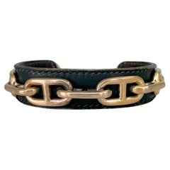 2000s Hermès Paris Gold Tone Chaine D'Ancre Leather Cuff Bracelet