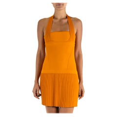 2000S HERVE LEGER Orange Rayon & Lycra Halter Cocktail Dress With Pleated Hem