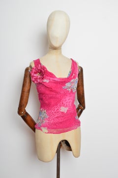 2000’s Hot Pink Cowl Neck Leopard & Floral Flower Corsage Top