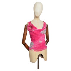2000’s Hot Pink Cowl Neck Leopard & Floral Flower Corsage Top