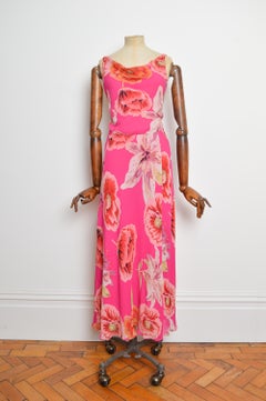 2000’s Hot Pink Fuchsia Floral Print Cowl Neck Backless Silk Evening Dress