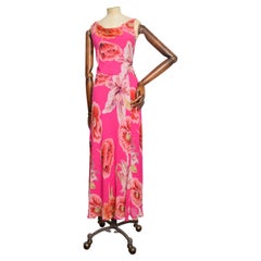 2000’s Hot Pink Fuchsia Floral Print Cowl Neck Backless Silk Evening Dress