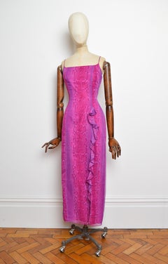 2000’s Hot Pink Fuchsia Snakeskin Print Long Ruffled Evening Dress