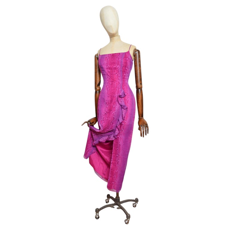 2000's Hot Pink Fuchsia Snakeskin Print Long Ruffled Evening Dress at  1stDibs