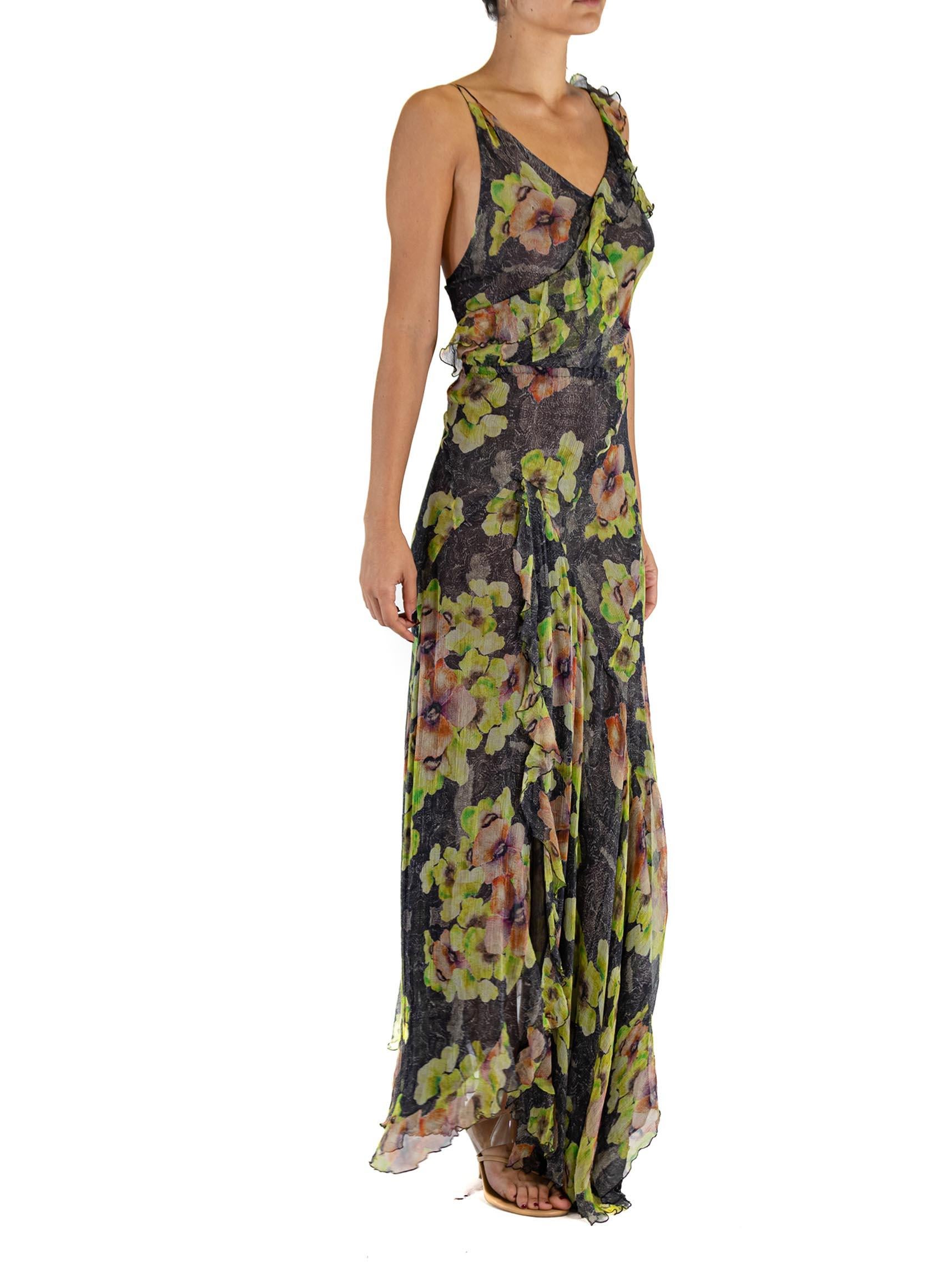 2000S ISABEL MARANT Black Bias Cut Silk Mousseline Ruffled Floral Gown In Excellent Condition For Sale In New York, NY